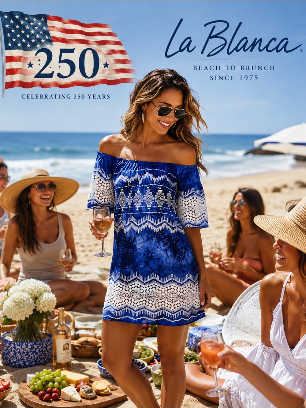La Blanca Dress Womens L Blue Crochet Lace Sheer Beach Coverup Bohemian,Size S - Picture 2 of 8